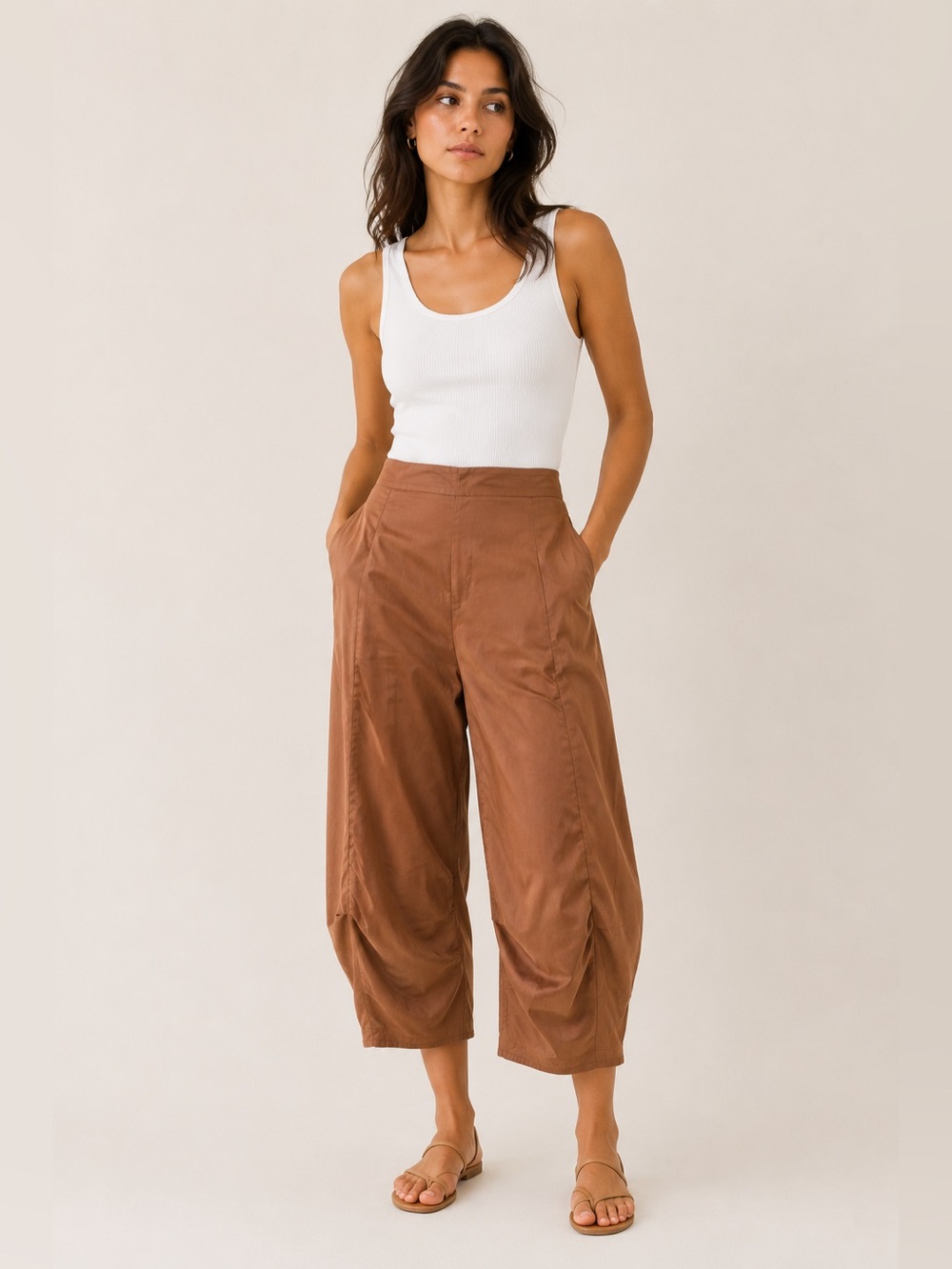 ELM Design Cropped Pants Brown Gathered Knee Minimalist S M
